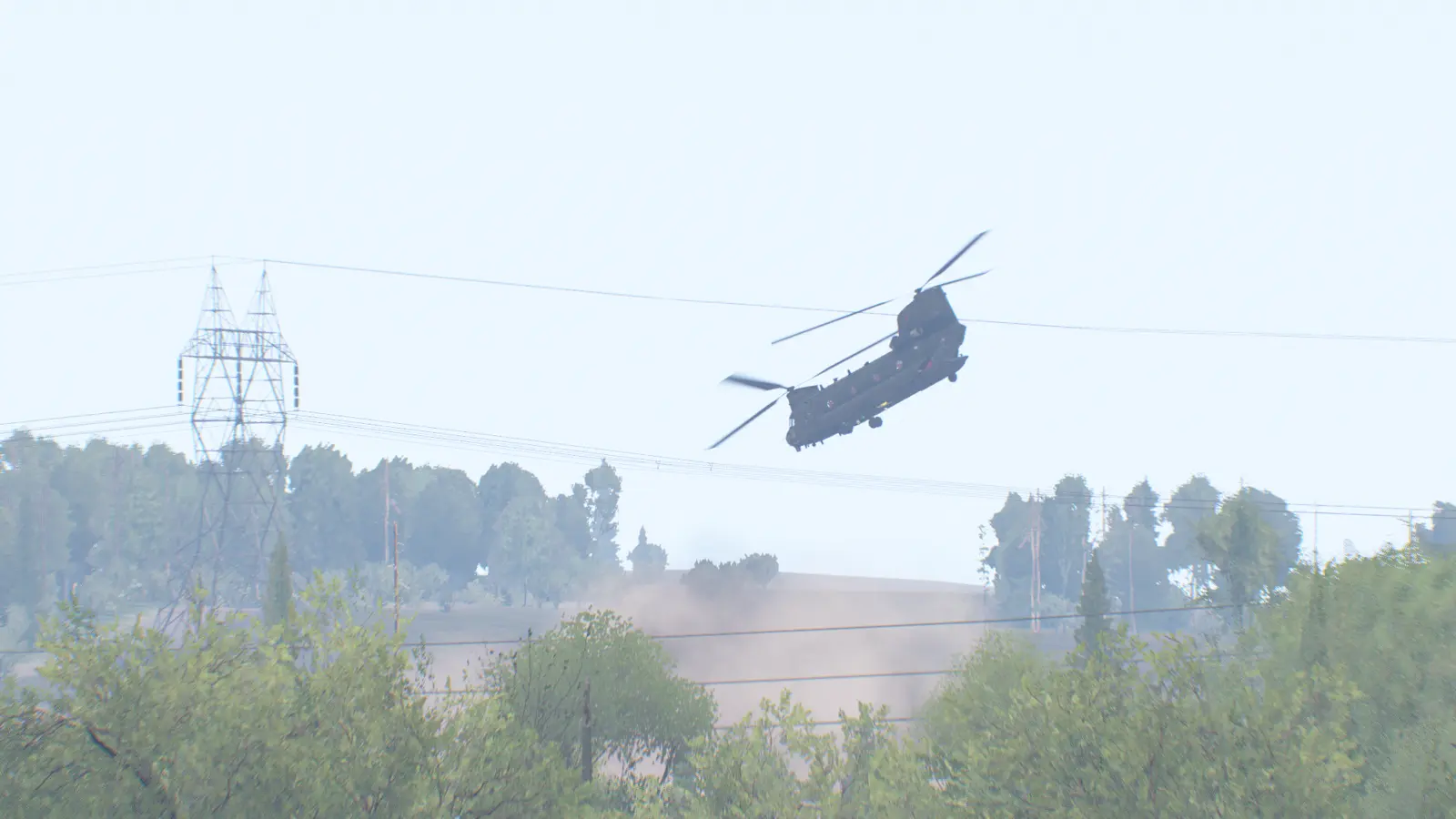 Chinook helicopter banking low over power lines