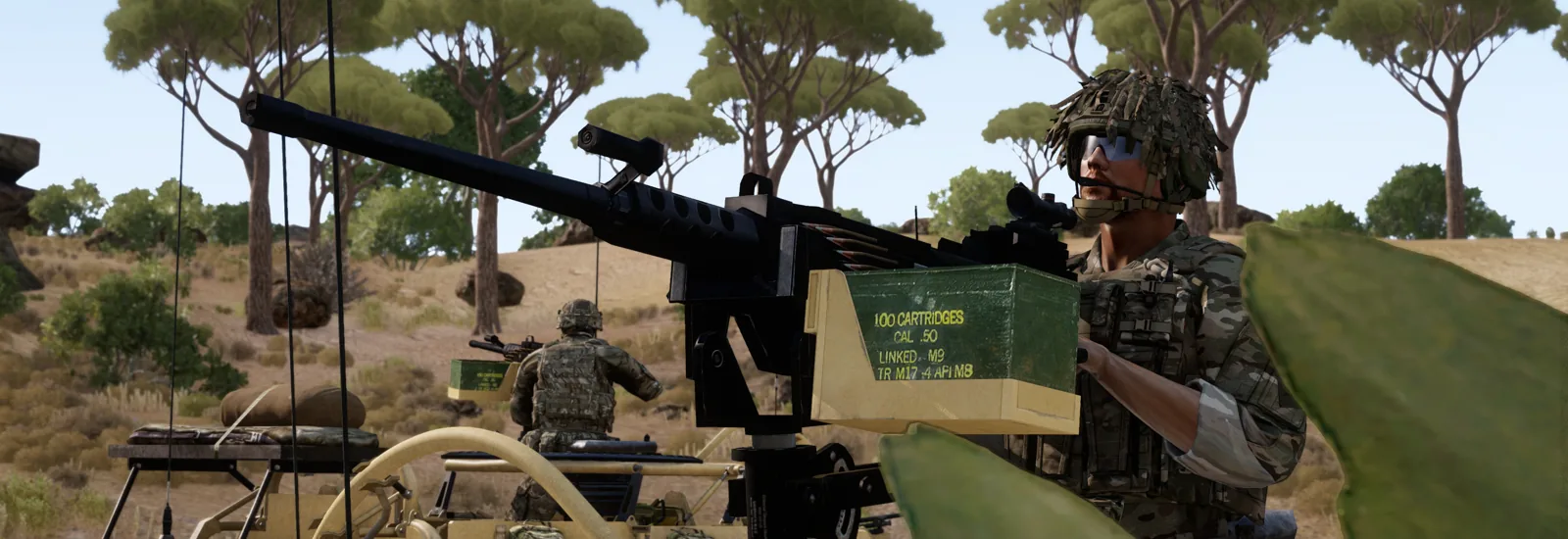 A .50 cal gunner holding a defensive position among trees.
