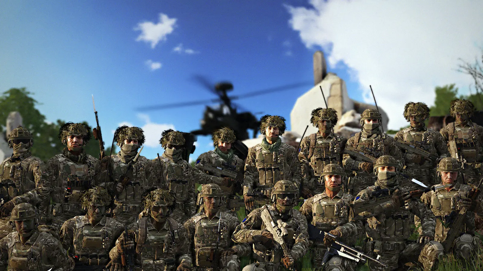 Platoon formed up in the sun with an Apache passing overhead