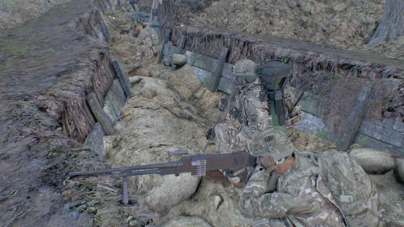 GPMG gunner in a trench position, Union Jack patch visible