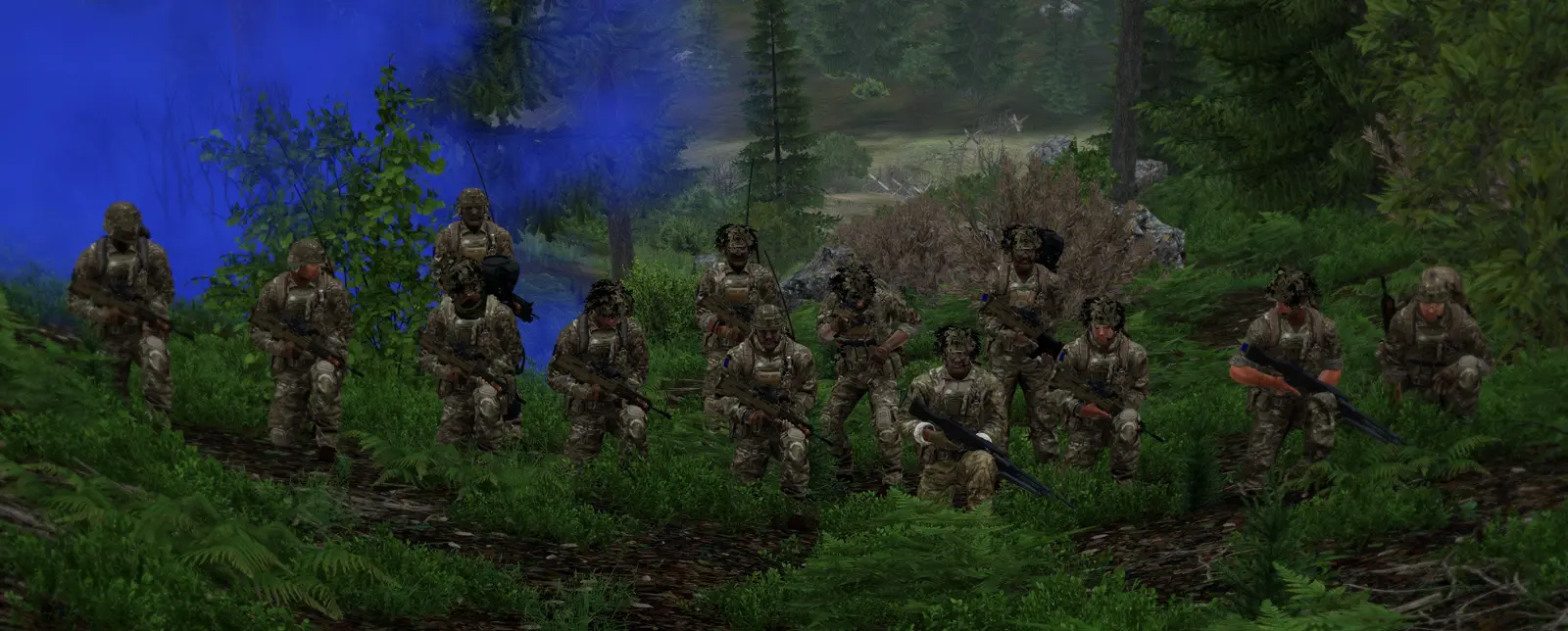 Section mustered in a forest clearing behind blue smoke
