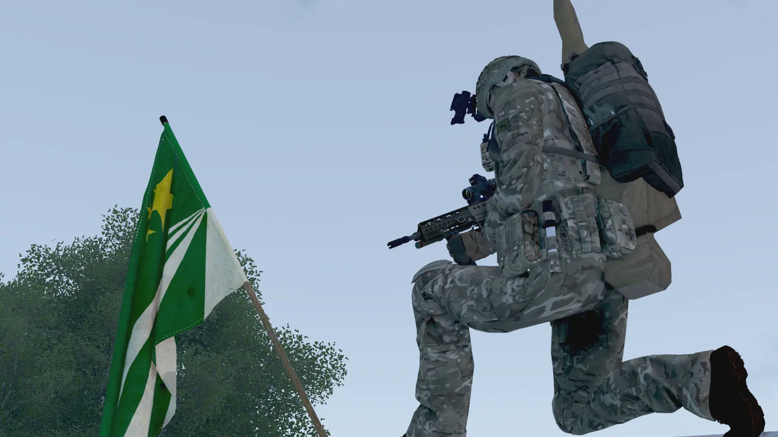 Rifleman securing the objective beside a captured flag