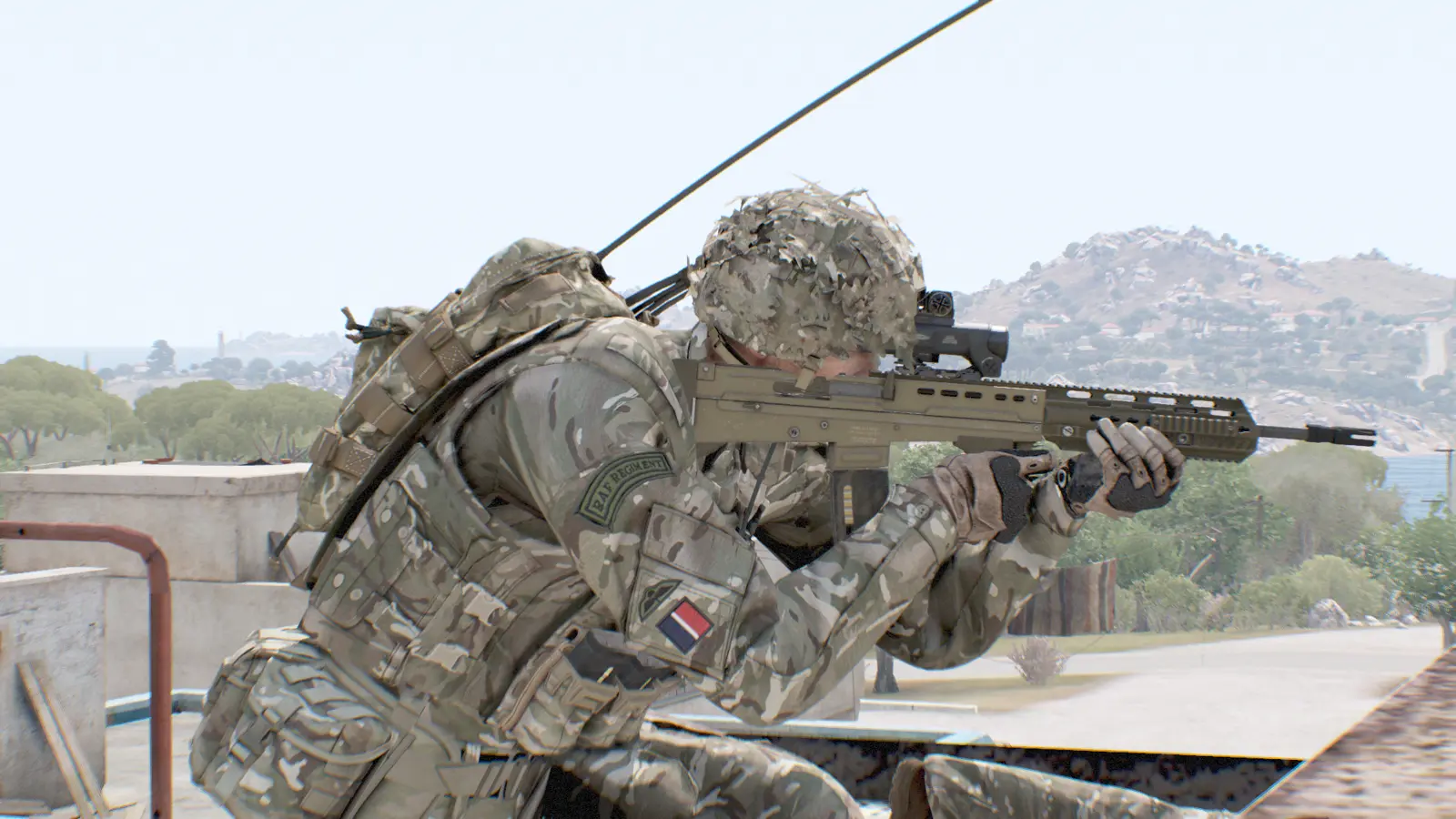 RAF Regiment gunner providing rooftop overwatch