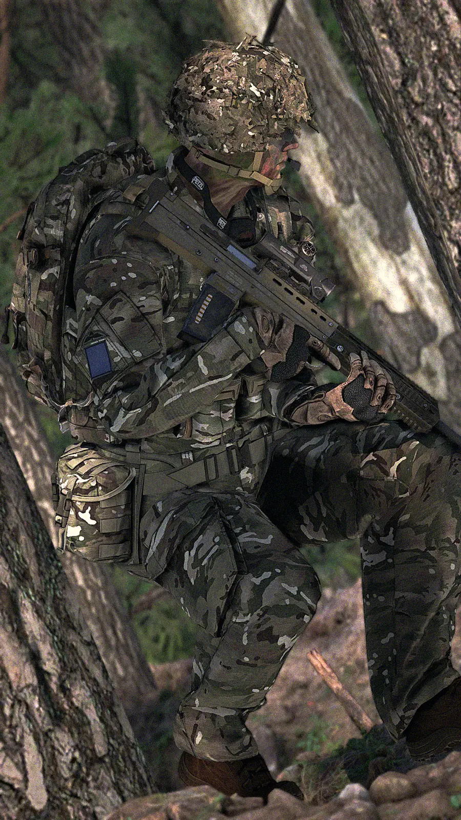 Rifleman climbing a rockface beside a captured flag