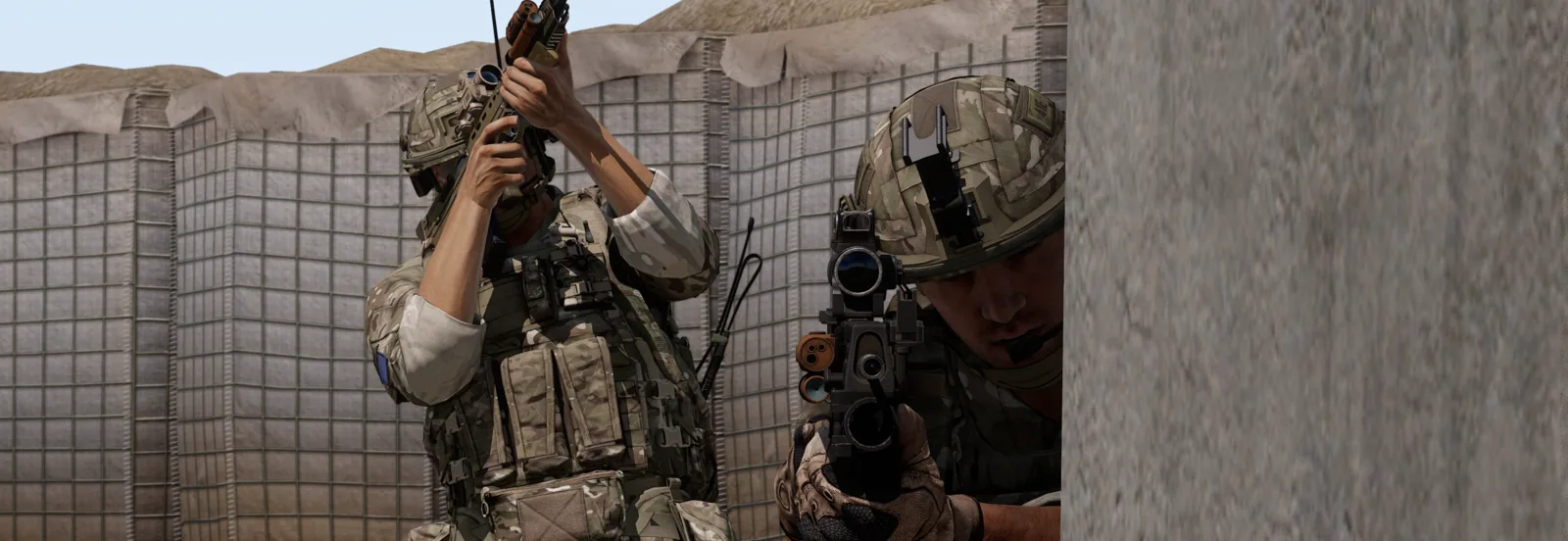Two riflemen stacked at a compound corner during a clearance.