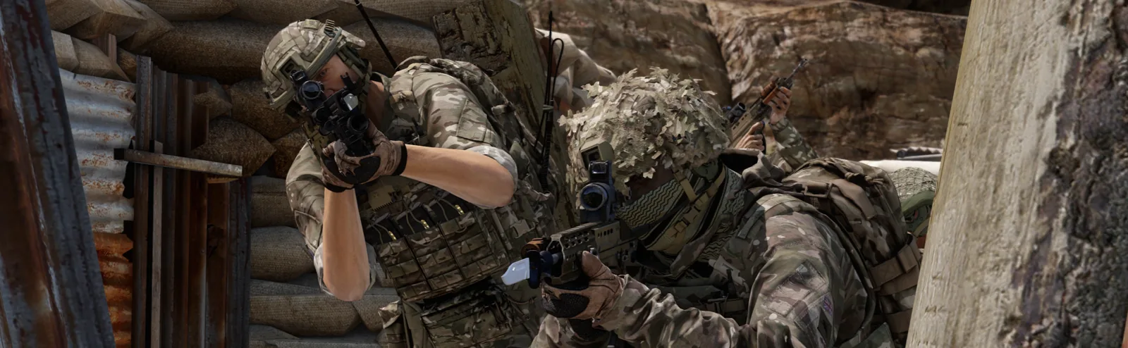 Riflemen engaging from a fortified trench position.