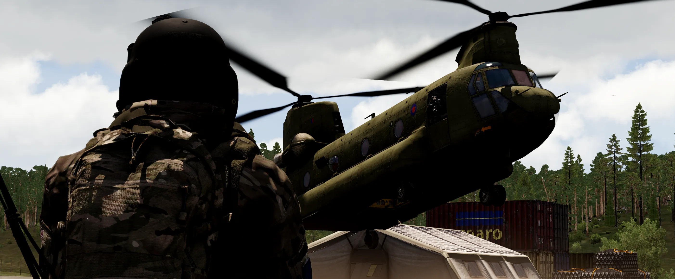 A Chinook landing to extract troops from the field.