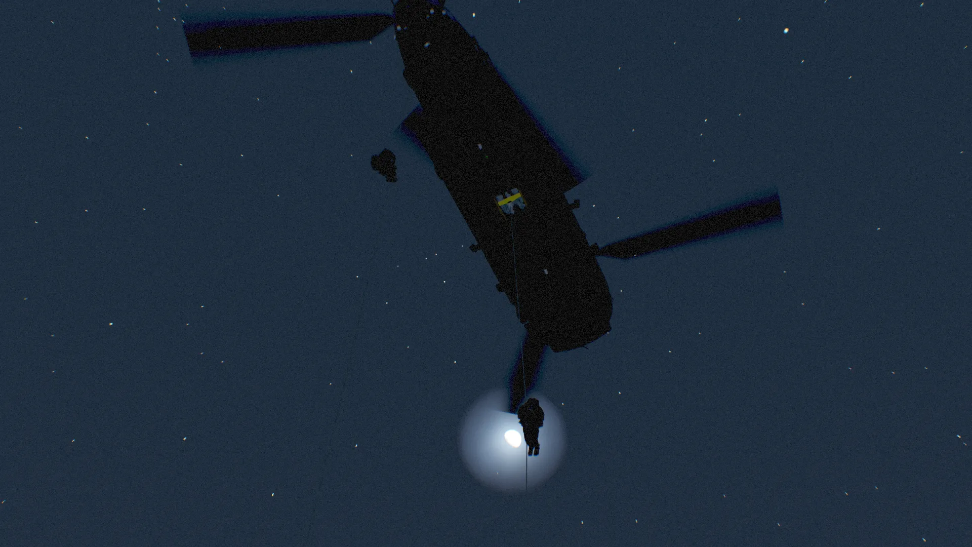 Troops fast-roping from a helicopter at night.