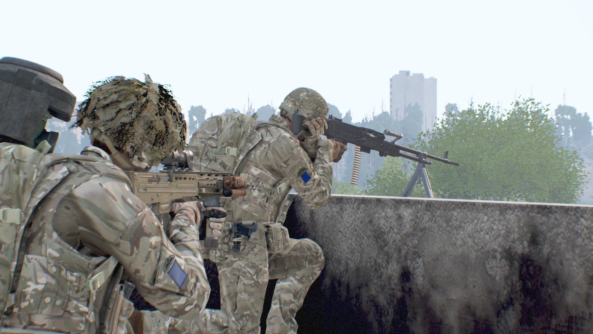 A machine gunner covering an urban street.